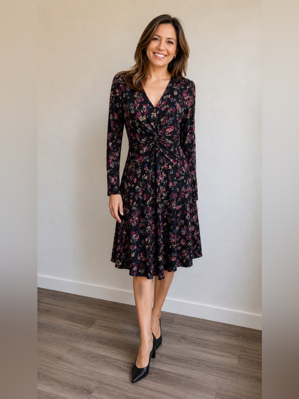 NWT Lauren Ralph Lauren Floral Faux Wrap Midi Dress Black Size 8